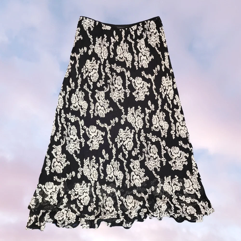 Y2k Black Off White Floral Mod Retro Long Midi Ruffle Layered Rayon Skirt 10 - Picture 1 of 4